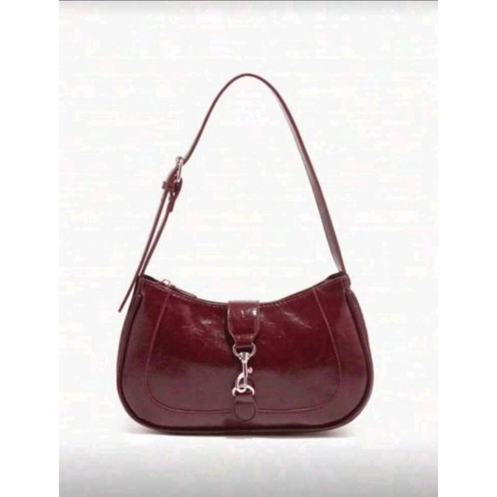 Womans Burgundy Patent faux  Leather Shoulder Bag Small Flap Buckle Chain Accent